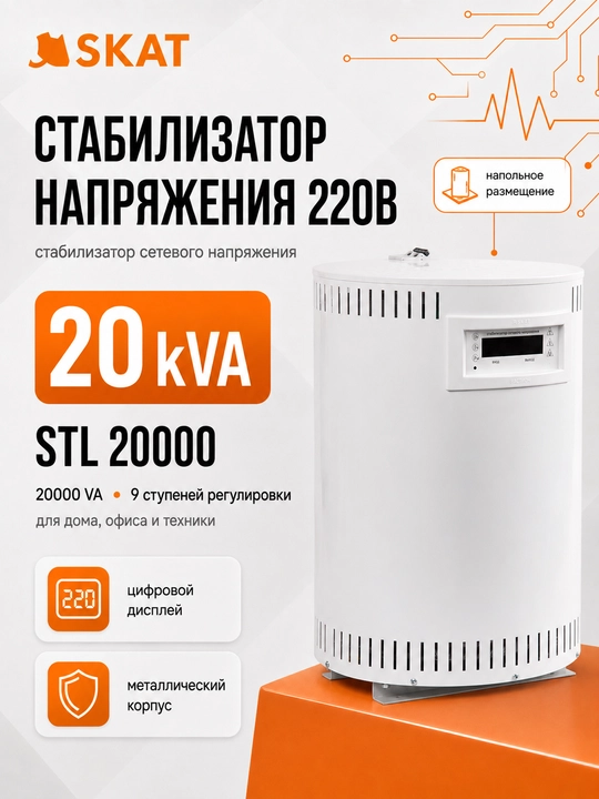 SKAT STL 20000 kuchlanish stabilizatori, 9 bosqichli kuchlanish rostlash bilan. - 