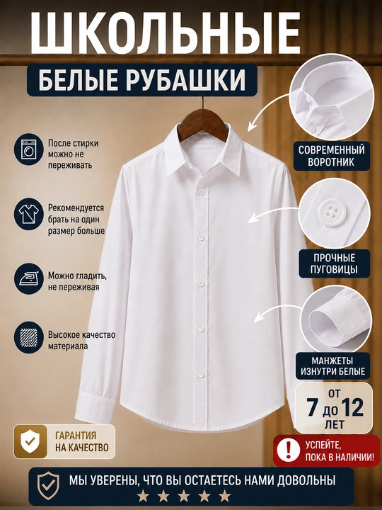 Школьная рубашка для мальчиков: белая, классическая, длинный рукав - 