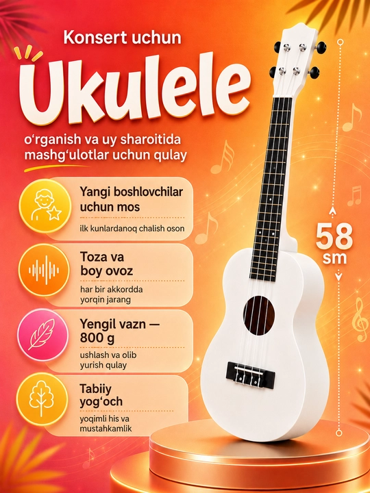 Konsert ukulelesi, 58 sm, musiqa asboblari to‘plami, mini gitara