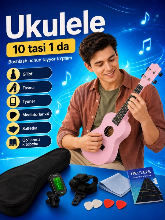 Konsert ukulelesi, 58 sm, musiqa asboblari to‘plami, mini gitara