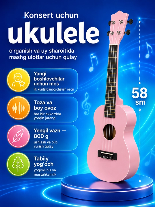 Konsert ukulelesi, 58 sm, musiqa asboblari to‘plami, mini gitara