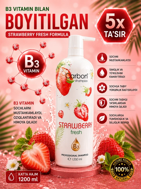 Carbon B3 Vitamin шампунь для волос 1200 мл, укрепляющий и питательный - 