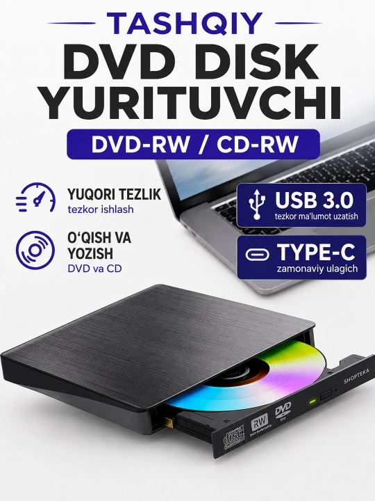 Tashqi DVD disk yurituvchi, noutbuk va kompyuter uchun, USB 3.0, CD-RW, DVD-RW - 