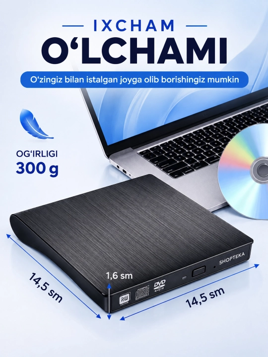 Tashqi DVD disk yurituvchi, noutbuk va kompyuter uchun, USB 3.0, CD-RW, DVD-RW