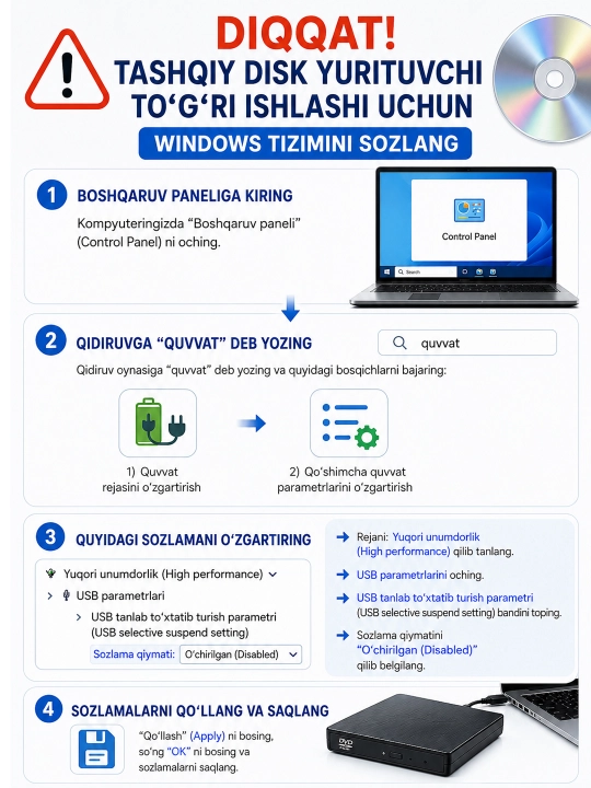 Tashqi DVD disk yurituvchi, noutbuk va kompyuter uchun, USB 3.0, CD-RW, DVD-RW