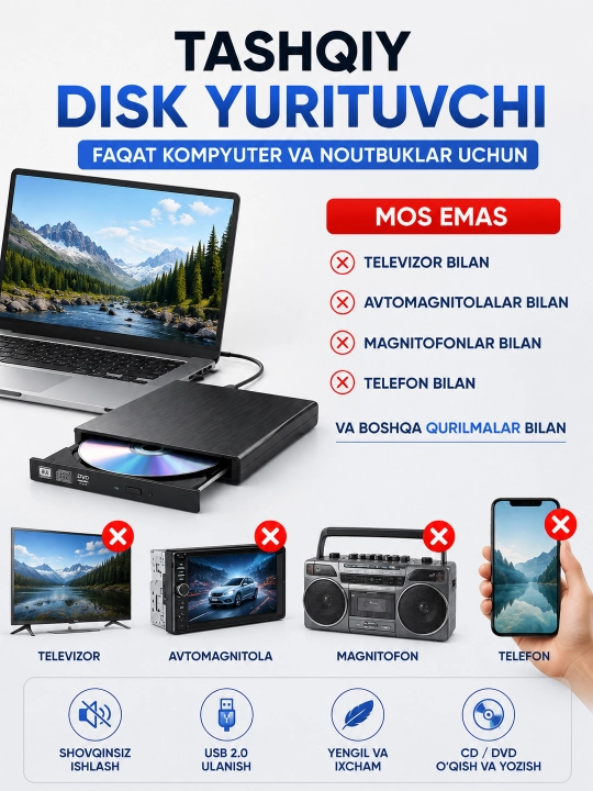Tashqi DVD disk yurituvchi, noutbuk va kompyuter uchun, USB 3.0, CD-RW, DVD-RW