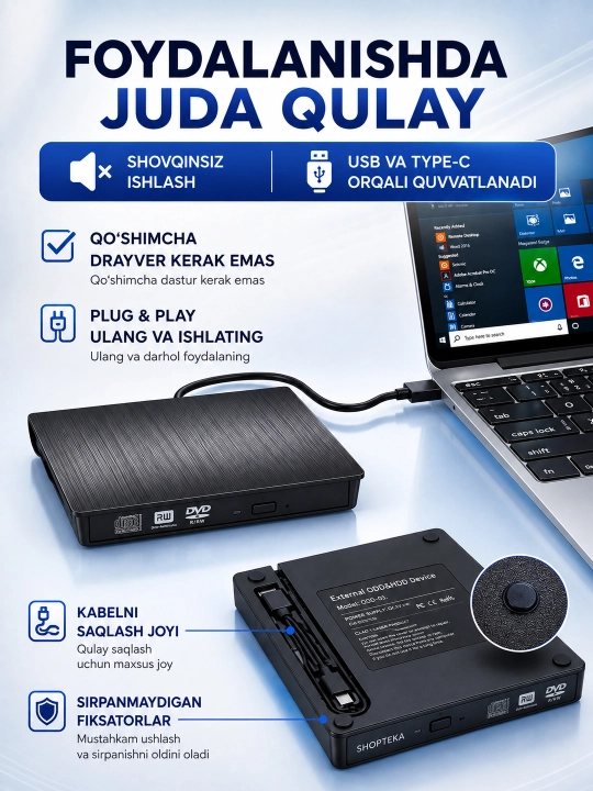 Tashqi DVD disk yurituvchi, noutbuk va kompyuter uchun, USB 3.0, CD-RW, DVD-RW