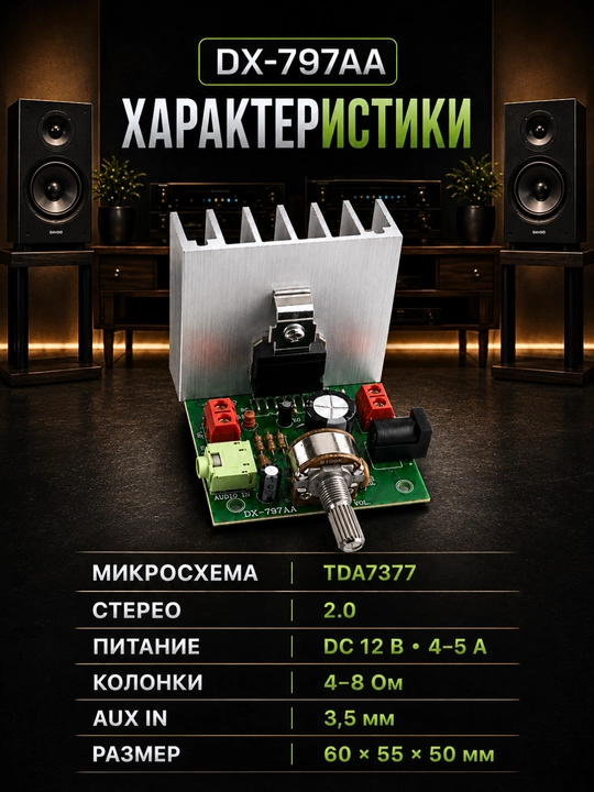 Стереоусилитель 2.0 для пассивных колонок, 12 В, DX-797AA / DX-7377 / DX7190