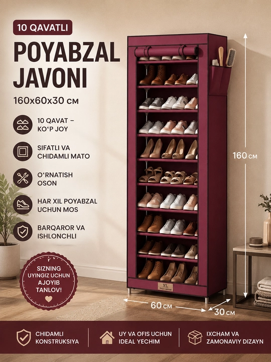 10 qavatli poyabzal javoni 160x60x30 см - 
