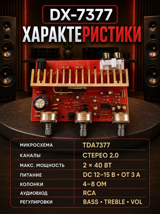 Стереоусилитель 2.0 для пассивных колонок, 12 В, DX-797AA / DX-7377 / DX7190