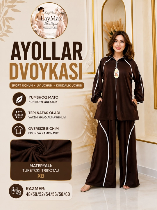 Ayollar dvoykasi, ayollar kostyumi, oversize, turk trikotaji, kundalik kiyim 48–60 - 