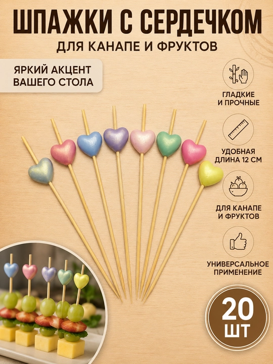 Kanape va mevalar uchun dekorativ shampurlar 12 sm, 20 dona — yurakcha va sharcha dizaynli - 