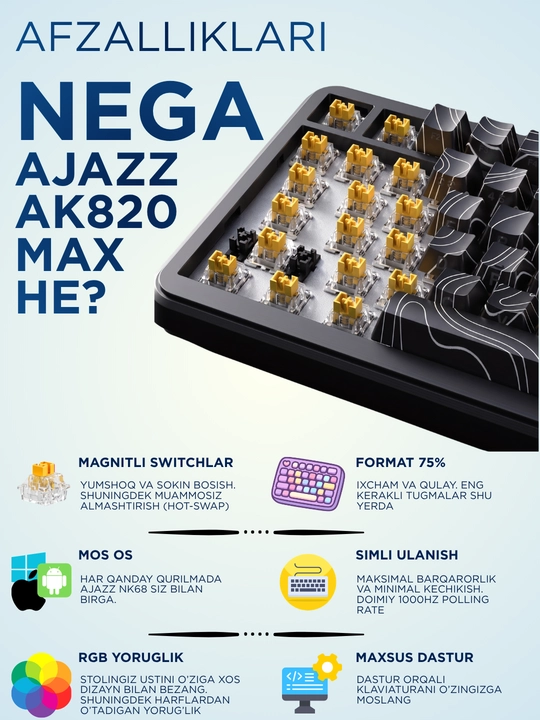 Geymerlar uchun RGB yoritilgan AJAZZ o‘yin klaviaturasi mexanik / membranali