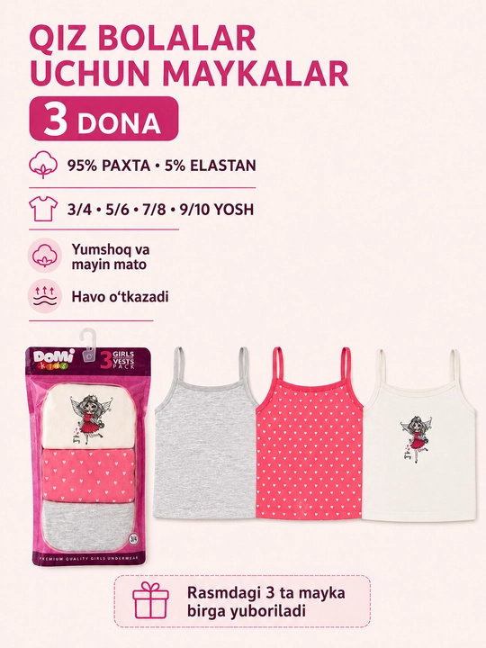 Qiz bolalar uchun maykalar to‘plami, 3 dona - 