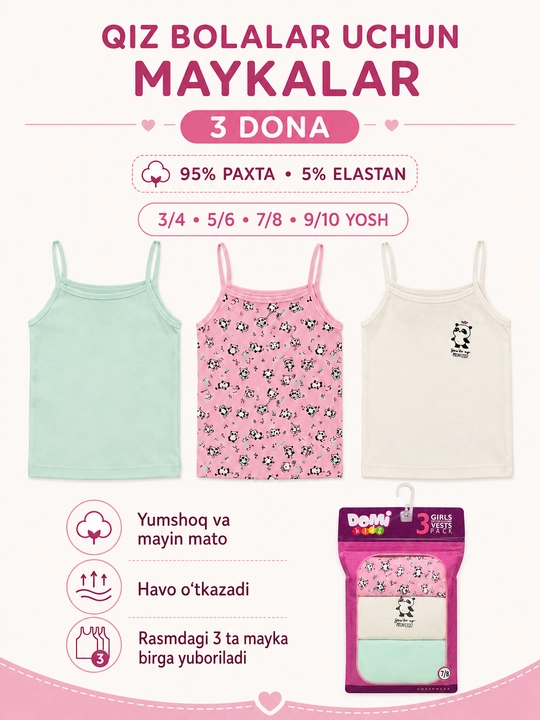 Qiz bolalar uchun maykalar to‘plami, 3 dona - 