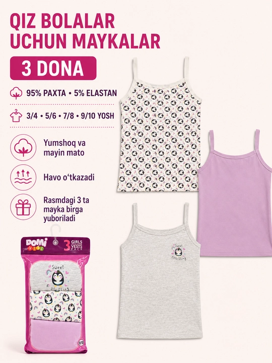 Qiz bolalar uchun maykalar to‘plami, 3 dona - 