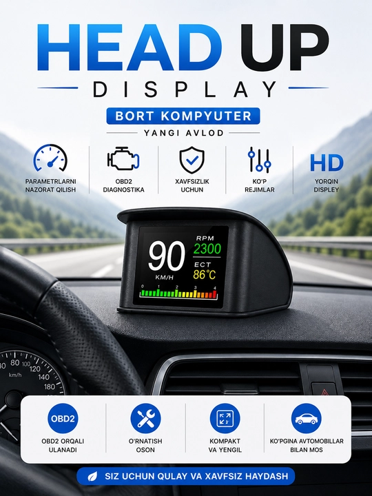 HUD displey, Head Up displey, OBD2 avtomobil old oynasiga tezlik proyeksiyasi - 