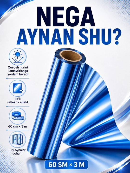 Oyna uchun reflektiv quyoshdan himoya plyonkasi, 60 sm × 3 m