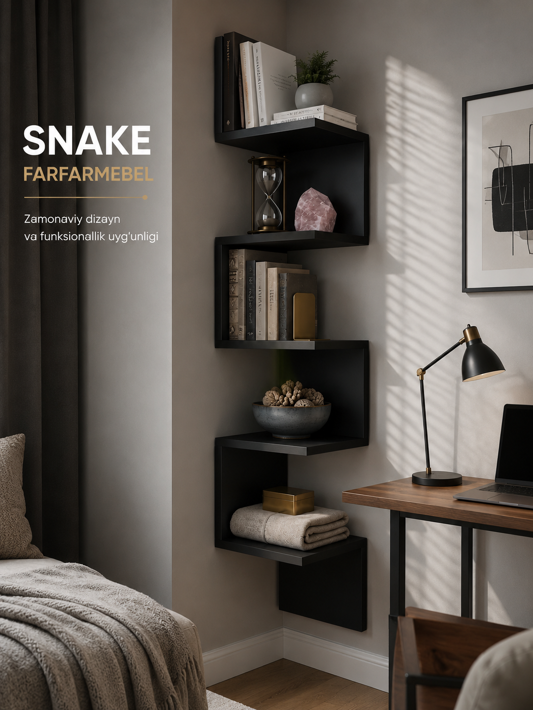 SNAKE burchak devor tokchasi FARFARMEBEL 139×25×25 sm | Kitob va gullar uchun