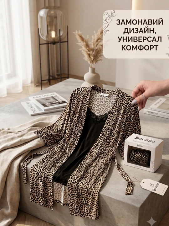 Комплект женский для дома: халат и сорочка Angel's Secret леопардовый принт - 