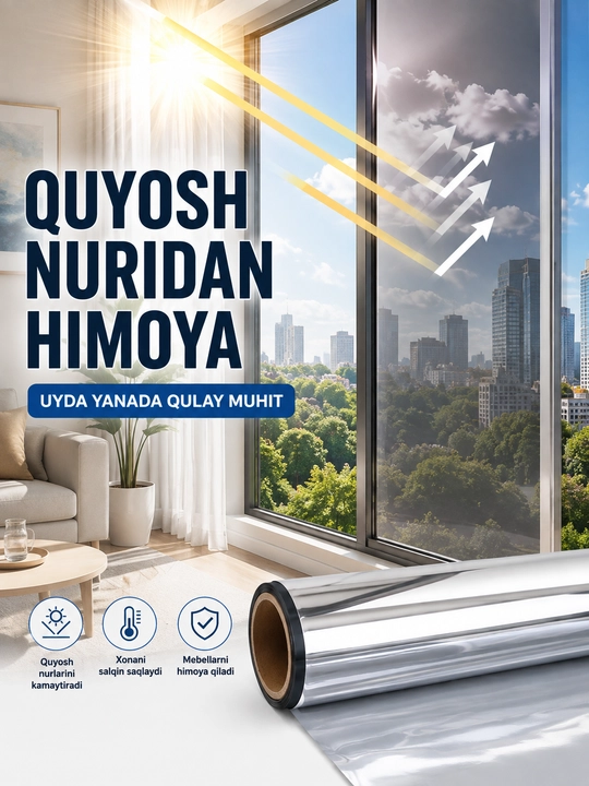 Oyna uchun reflektiv quyoshdan himoya plyonkasi, 60 sm × 3 m