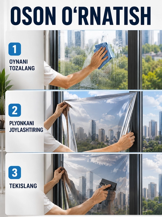 Oyna uchun reflektiv quyoshdan himoya plyonkasi, 60 sm × 3 m