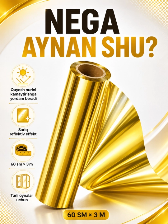 Oyna uchun reflektiv quyoshdan himoya plyonkasi, 60 sm × 3 m