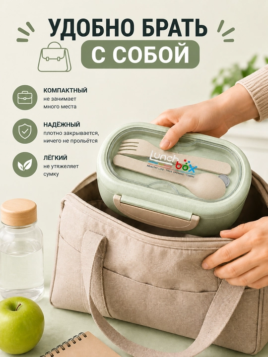 Ланч-бокс с приборами ложкой и вилкой, контейнер для еды герметичный