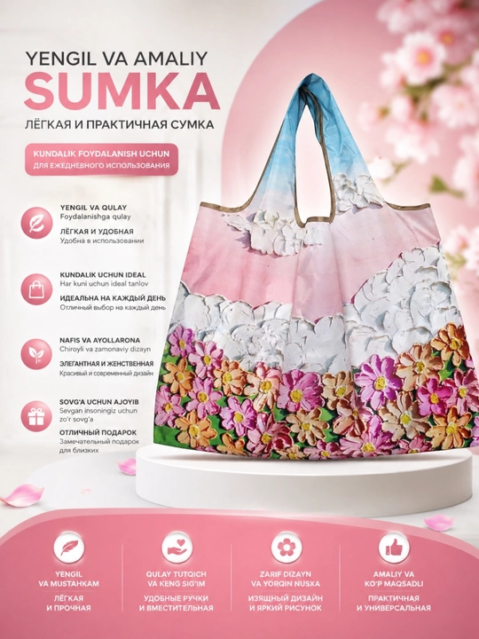 Buklanadigan eko sumka, badiiy naqshli shopper, qayta foydalaniladigan xarid sumkasi - 