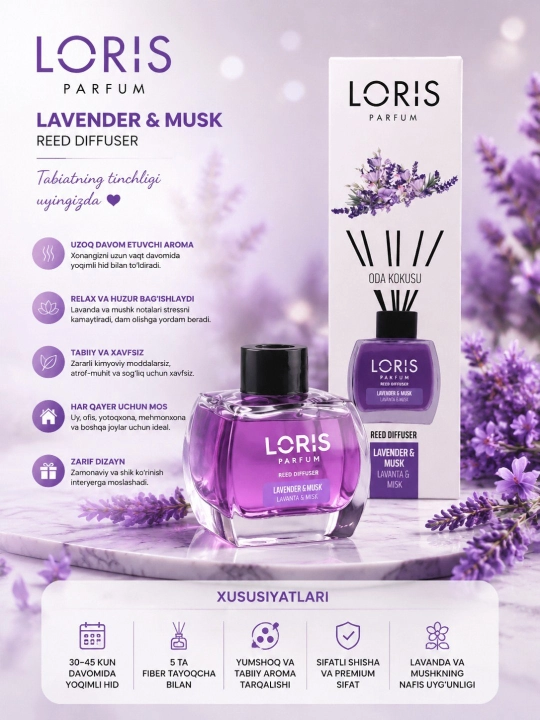 Uy uchun Loris Parfum aromadiffuzori, 120 ml, tetiklashtiruvchi asvijitil - 