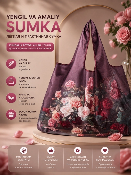 Buklanadigan eko sumka, badiiy naqshli shopper, qayta foydalaniladigan xarid sumkasi