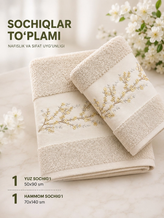 Hammom sochig'i va yuz sochig'i, kоmplekt sochiqla - 