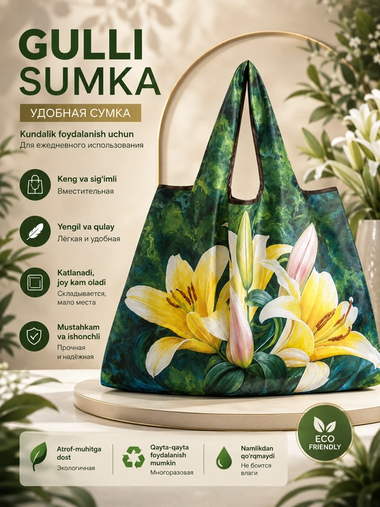 Buklanadigan eko sumka, badiiy naqshli shopper, qayta foydalaniladigan xarid sumkasi - 