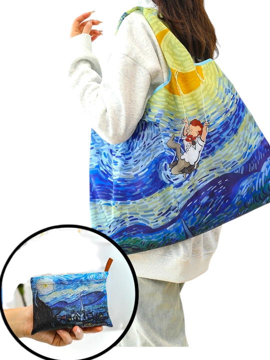 Buklanadigan eko sumka, badiiy naqshli shopper, qayta foydalaniladigan xarid sumkasi