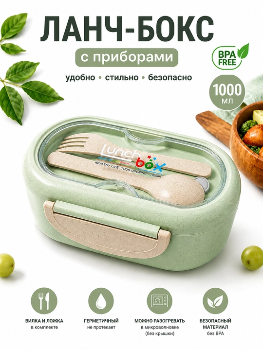 Lanch-boks germetik, konteyner ovqat idishi, qoshiq va sanchqi vilka bilan lunch box - 