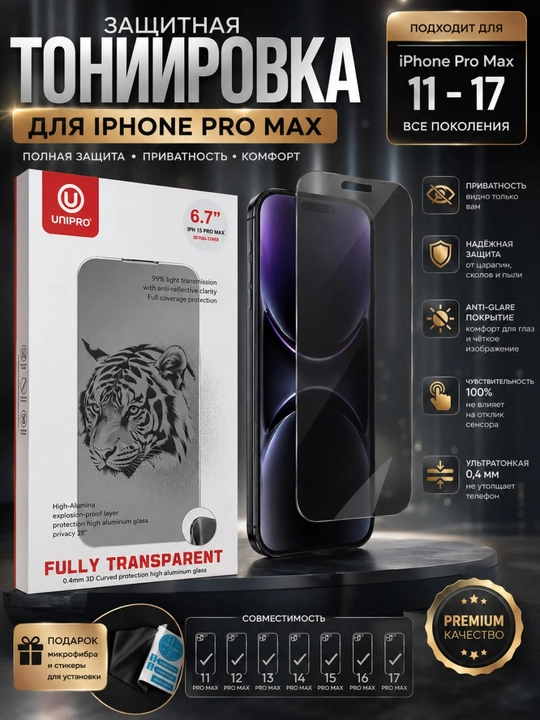 Тонировочная защитная плёнка UNIPRO Privacy 28° для iPhone Pro Max 11–17 - 