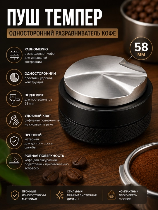 Профессиональный двухсторонний пуш-темпер для кофе, 58 мм, с разравнивателем