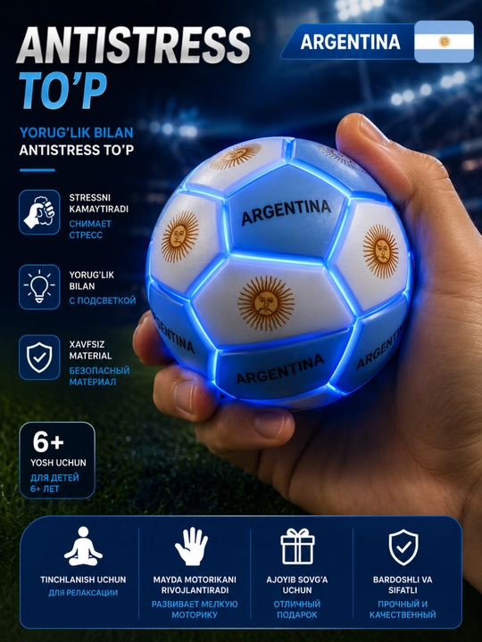 Antistress top, chiroqli top, argentina top, futbol to'pi, skvish o'yinchoq, stressni - 