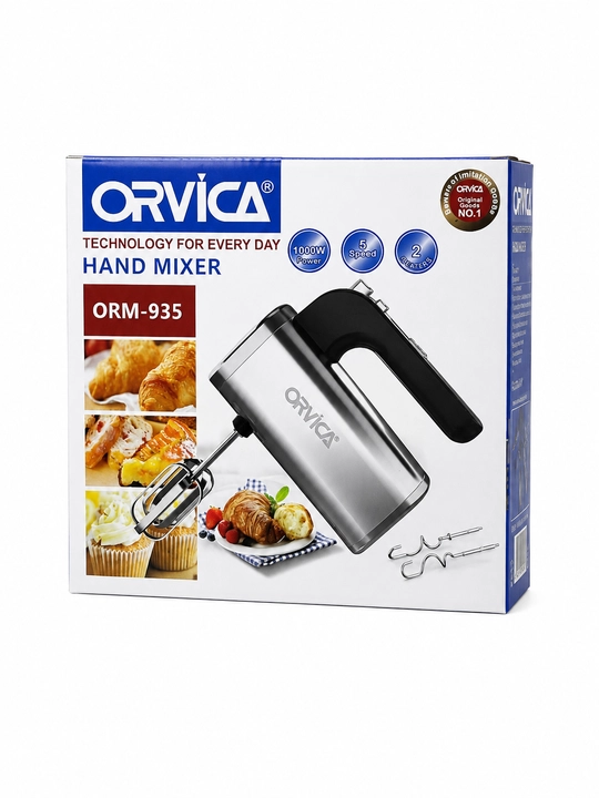 Mikser ORVICA, elektr qo‘l mikseri, 2 xil nasadkali, qora-kumush rang