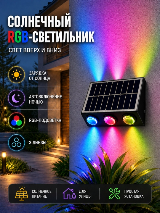 Avtomatik yorug‘lik datchigiga ega IP65 quyoshli RGB devor yoritgichi - 