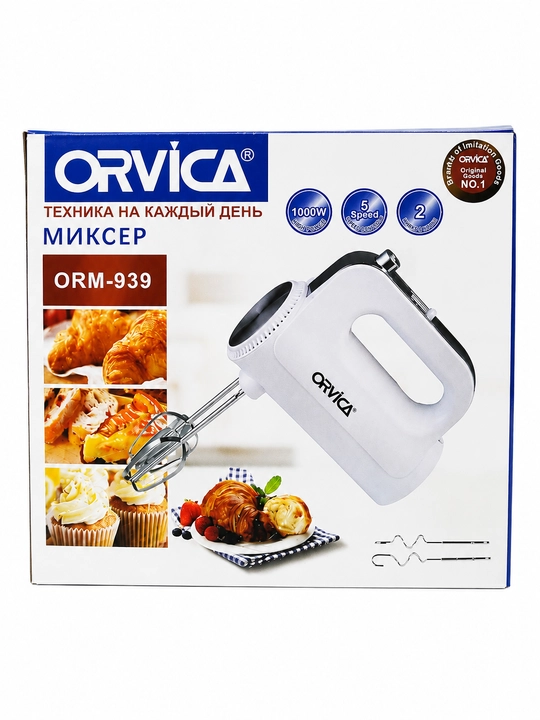 Mikser ORVICA, elektr qo‘l mikseri, 2 xil nasadkali, qora-kumush rang