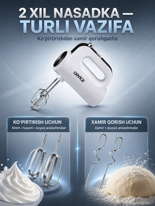 Mikser ORVICA, elektr qo‘l mikseri, 2 xil nasadkali, qora-kumush rang