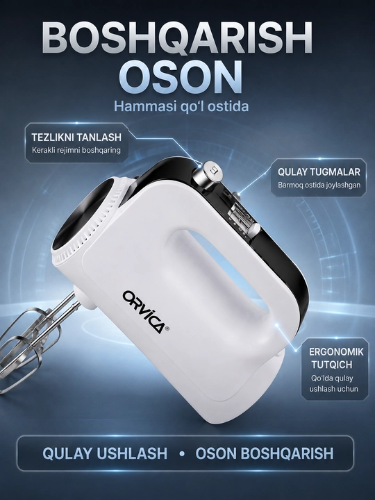 Mikser ORVICA, elektr qo‘l mikseri, 2 xil nasadkali, qora-kumush rang