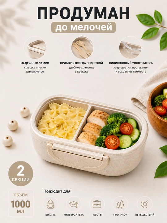 Lanch-boks germetik, konteyner ovqat idishi, qoshiq va sanchqi vilka bilan lunch box