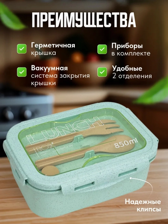Lanch-boks germetik, konteyner ovqat idishi, qoshiq va sanchqi vilka bilan lunch box