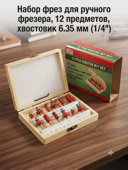 Набор фрез для ручного фрезера, 12 предметов, хвостовик 6.35 мм (1/4") - 