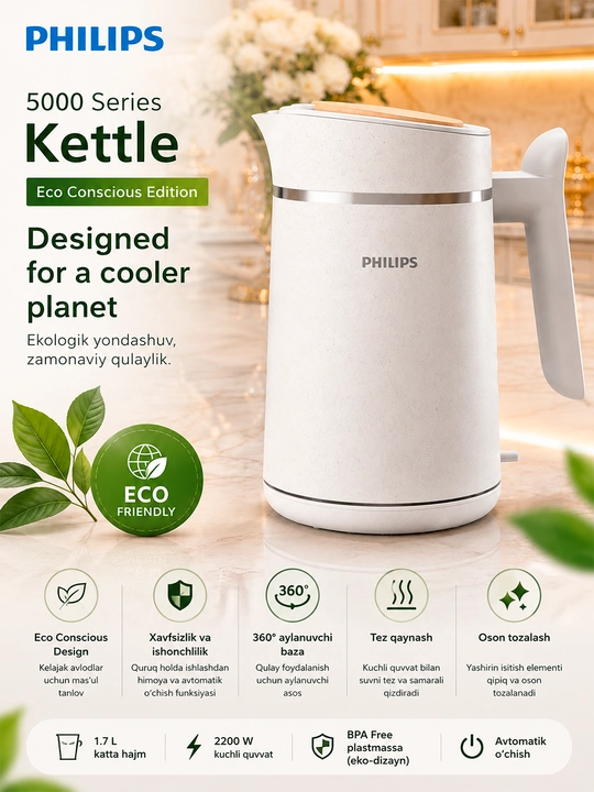 Электрический чайник Philips 5000 Series Eco Conscious Edition, 1,7 л, 2200 Вт - 