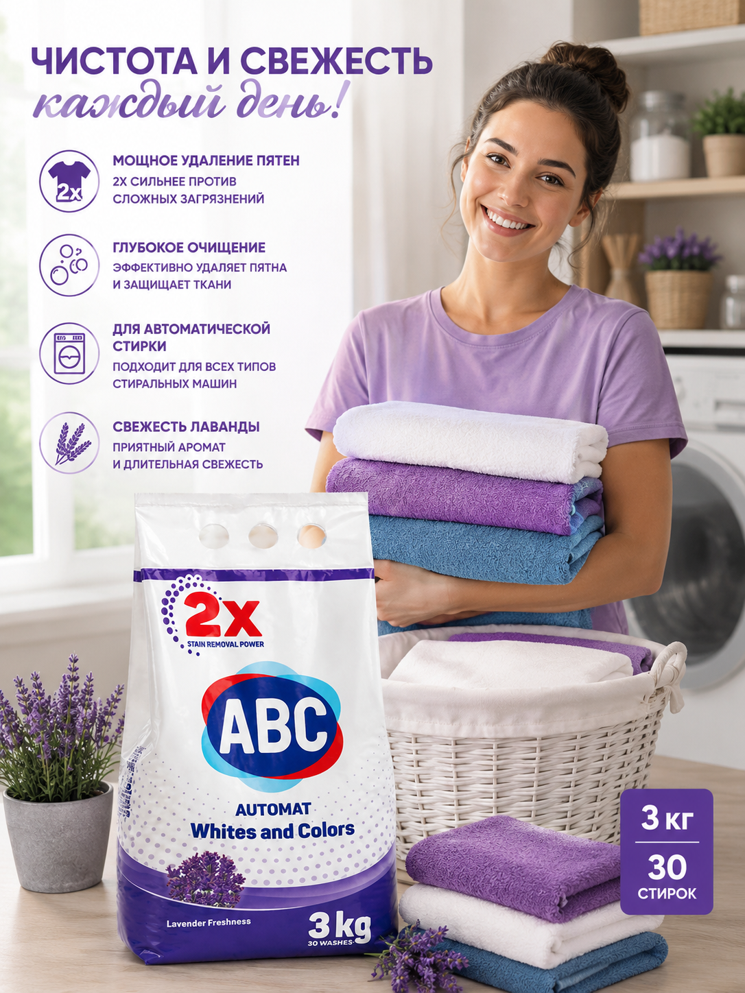 Стиральный порошок ABC Automat Whites and Colors Lavender Freshness, 3 кг - 