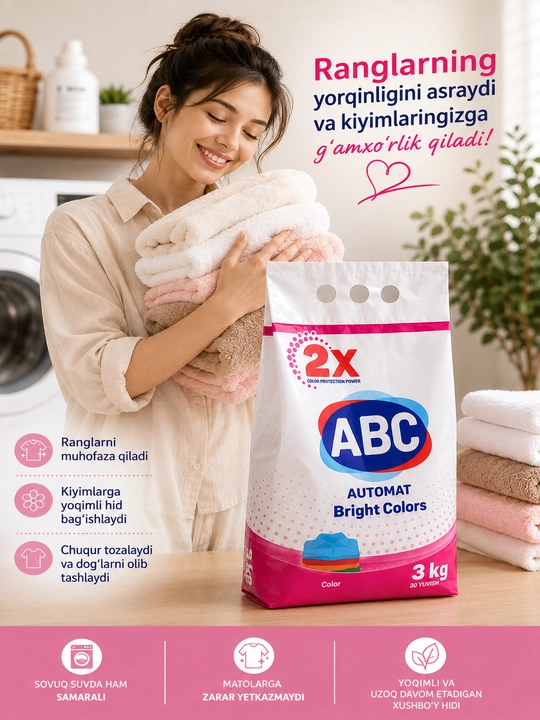 ABC Automat Bright Colors kir yuvish kukuni 3 kg — rangli kiyimlar uchun
