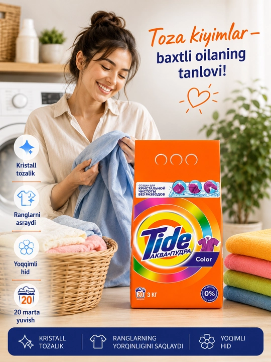 Tide Akva Pudra Color kir yuvish kukuni 3 kg - rangli kiyimlar uchun - 